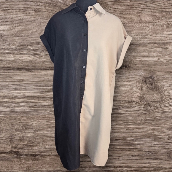 SHEIN Two-Tone Black and Cream Mini Shirt Dress Size Small - Picture 1 of 5